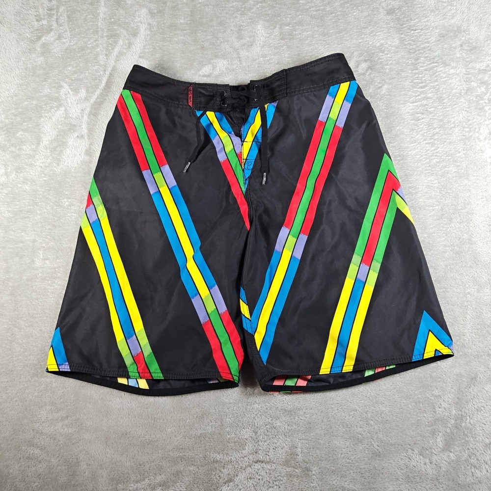 Vintage Quiksilver Board Shorts Mens 31 Black Striped Swim Trunk Colorful Surf